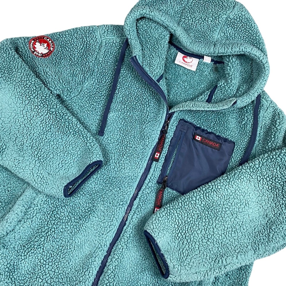 Vtg Canada Weathergear Women Fleece Jacket 2X Teal Blue Sherpa Hooded Zip Pocket